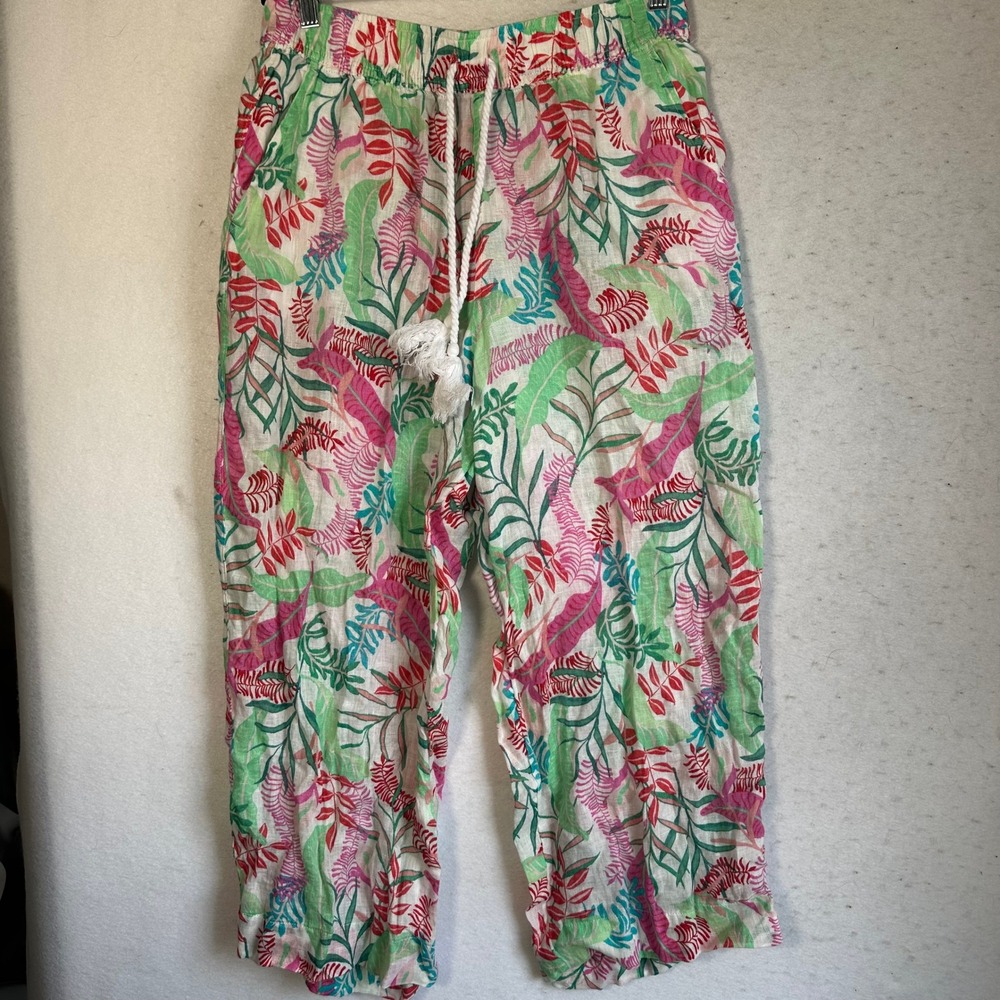Cynthia Rowley 100% Linen Tropical Leaf Print Crop Pants Green Pink White